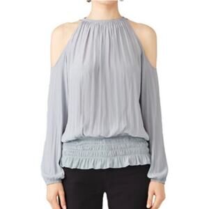Ramy Brook Lauren Cold Shoulder Smocked Waist Satin Keyhole Blouse Women's L